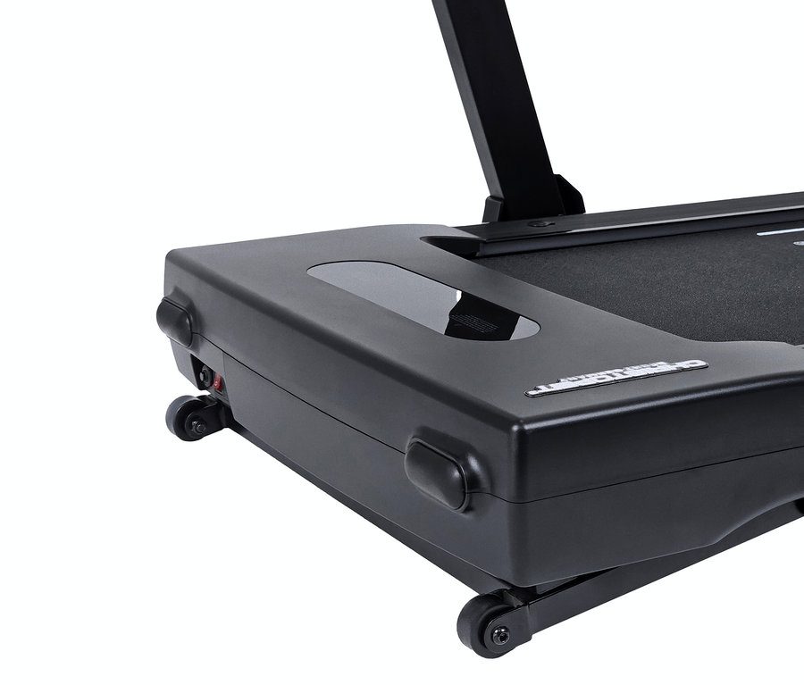 Detailansicht eines schwarzen Laufband 2 in 1 mit Rädern.