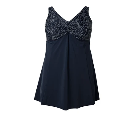 Blaues Badekleid mit weißem Blattmuster.