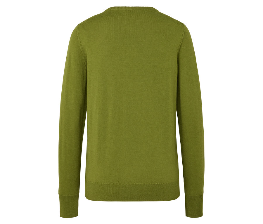 Rückansicht eines olivgrünen, langärmeligen Pullovers.