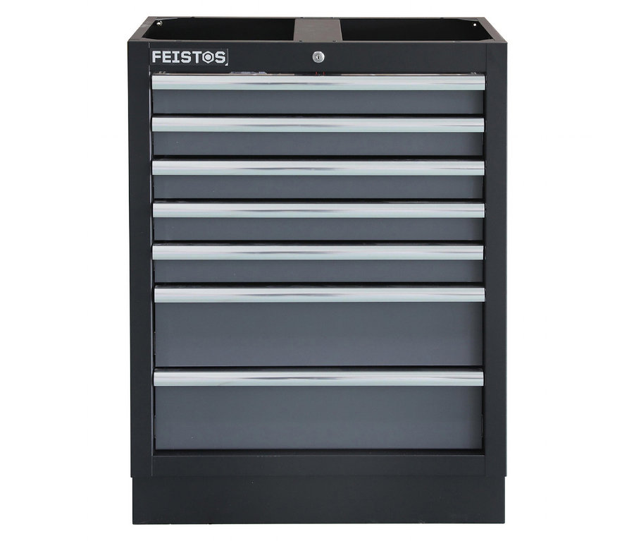 Ein schwarzer FEISTOS Werkzeugschrank »Apollo 5« mit sieben Schubladen.