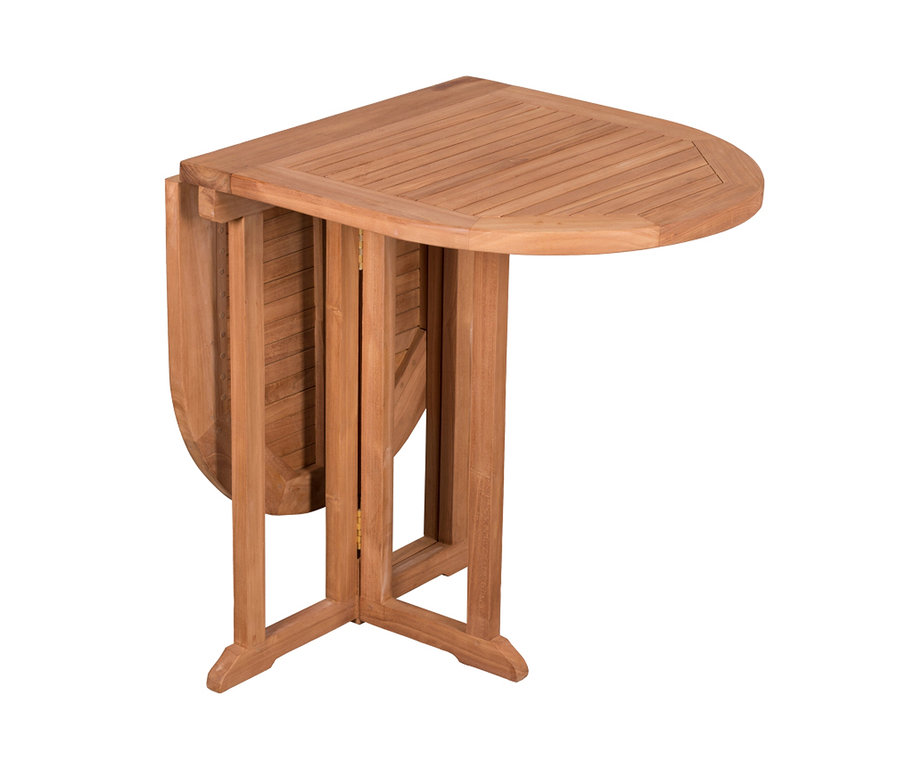 Teilweise zusammengeklappter deVries Balkontisch aus Teakholz, 60 x 120 cm.