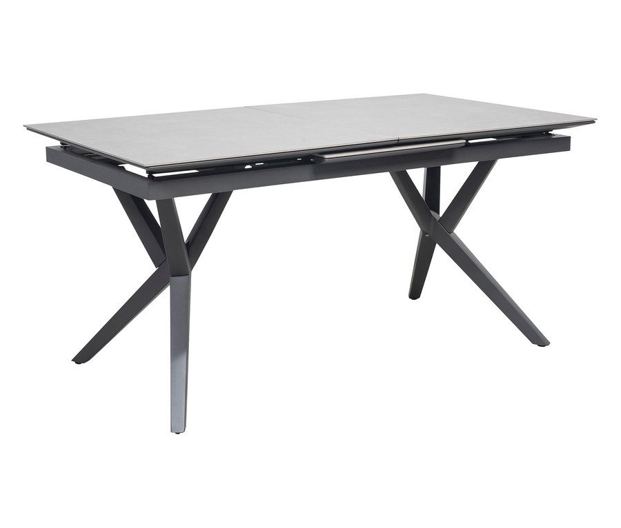 Esstisch mit grauer Tischplatte und schwarzem Gestell.