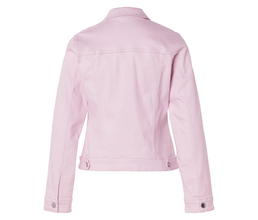 Rückansicht einer hellrosa Jeansjacke mit langen Ärmeln.