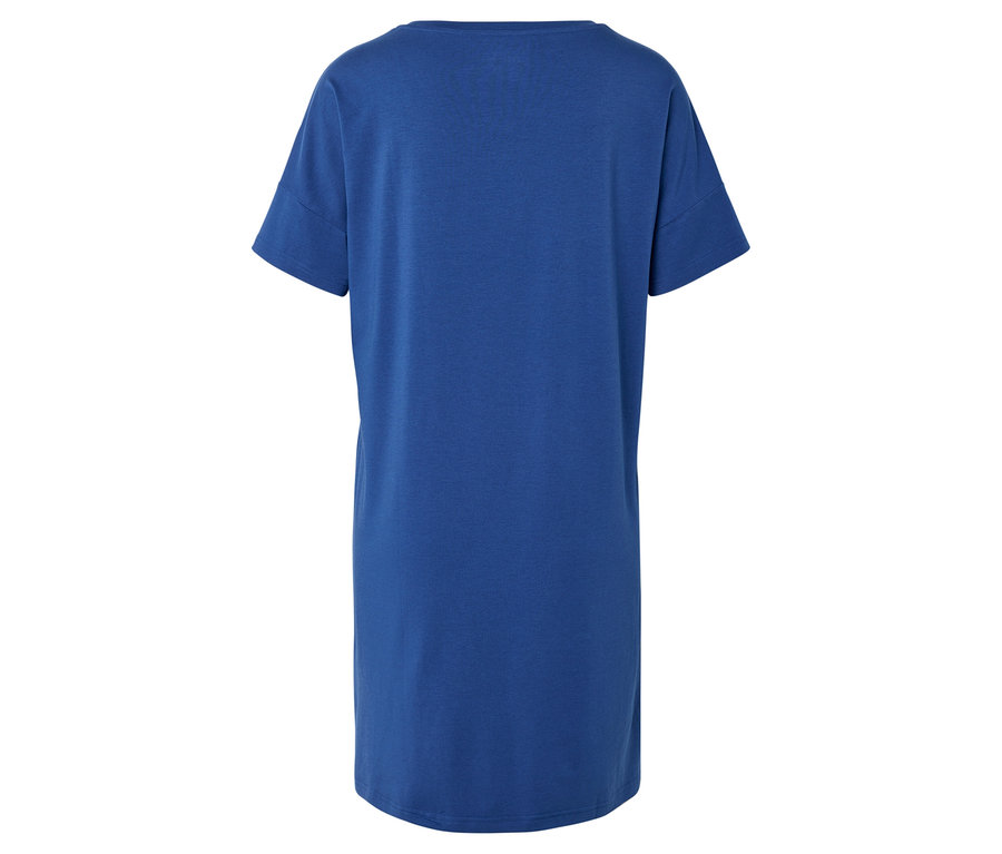 Rückansicht eines blauen T-Shirt-Kleides mit kurzen Ärmeln.