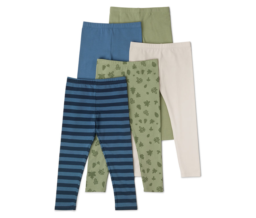 Fünf Leggings in Blau gestreift, Blau, Oliv, Beige und Oliv mit Blattmuster liegen übereinander.