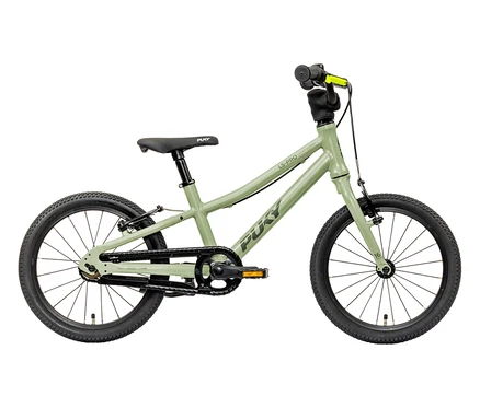 Das mintgrüne PUKY Fahrrad LS-PRO 16 steht seitlich mit schwarzen Reifen und gelben Griffen.