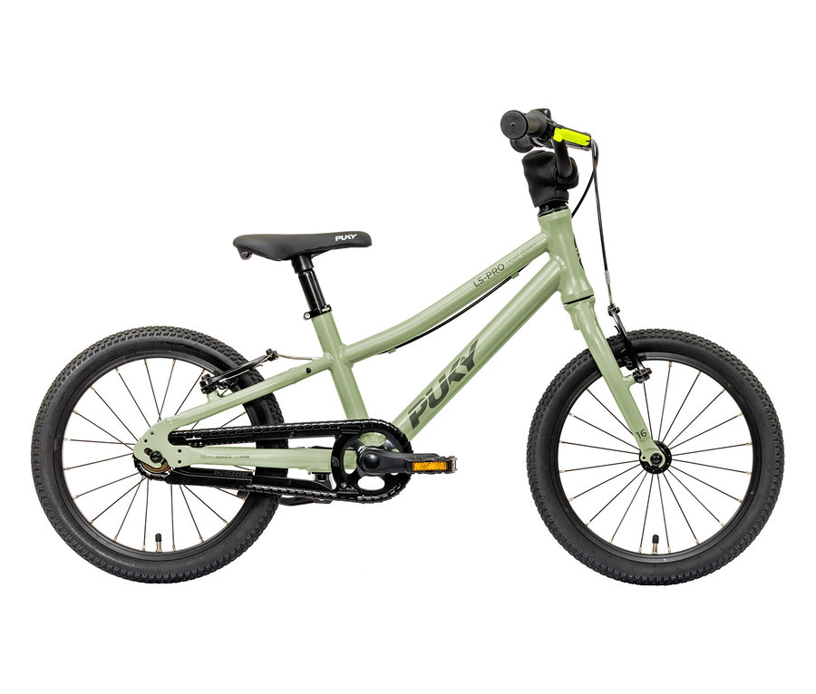 Das mintgrüne PUKY Fahrrad LS-PRO 16 steht seitlich mit schwarzen Reifen und gelben Griffen.