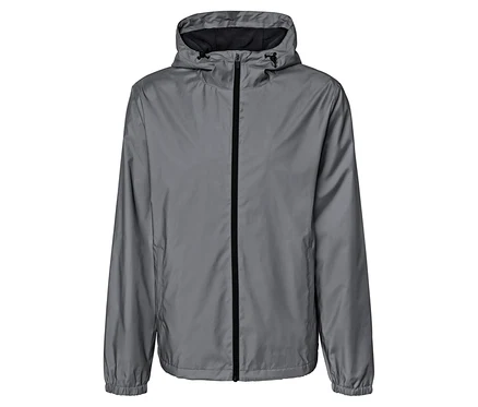 Graue, geschlossene Regenjacke mit Kapuze und schwarzem Reißverschluss.