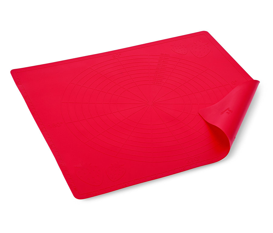 Rote Silikon-Backmatte mit konzentrischen Kreisen und Winkelangaben, eine Ecke ist hochgebogen.