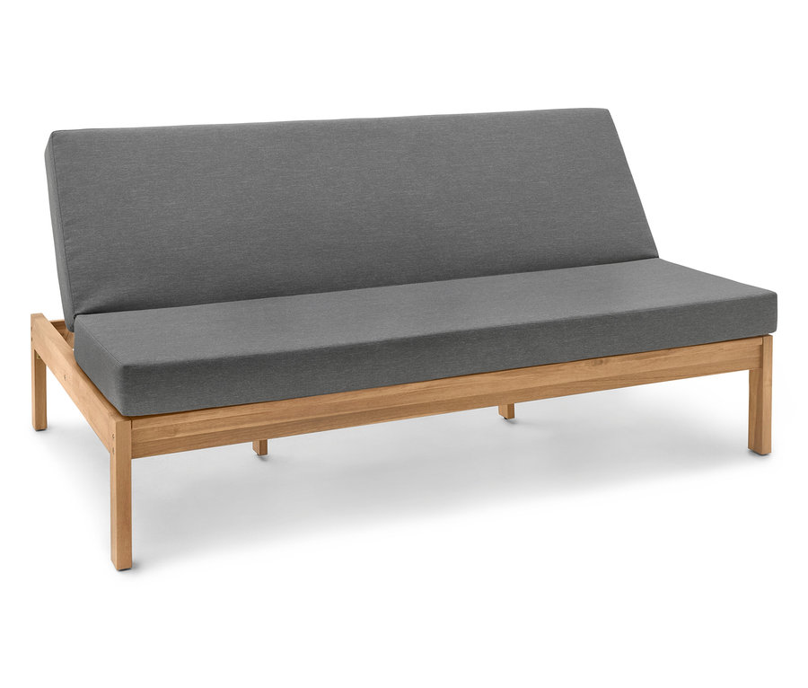 Graues Sofa mit Holzrahmen.