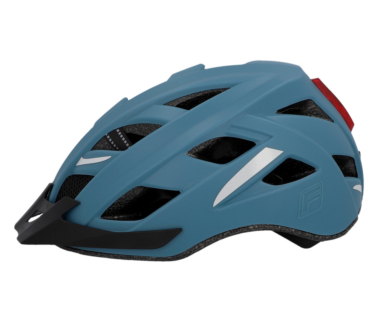 Blauer FISCHER Fahrradhelm Urban PLUS Chicago mit schwarzem Visier und silbernen Reflektoren.