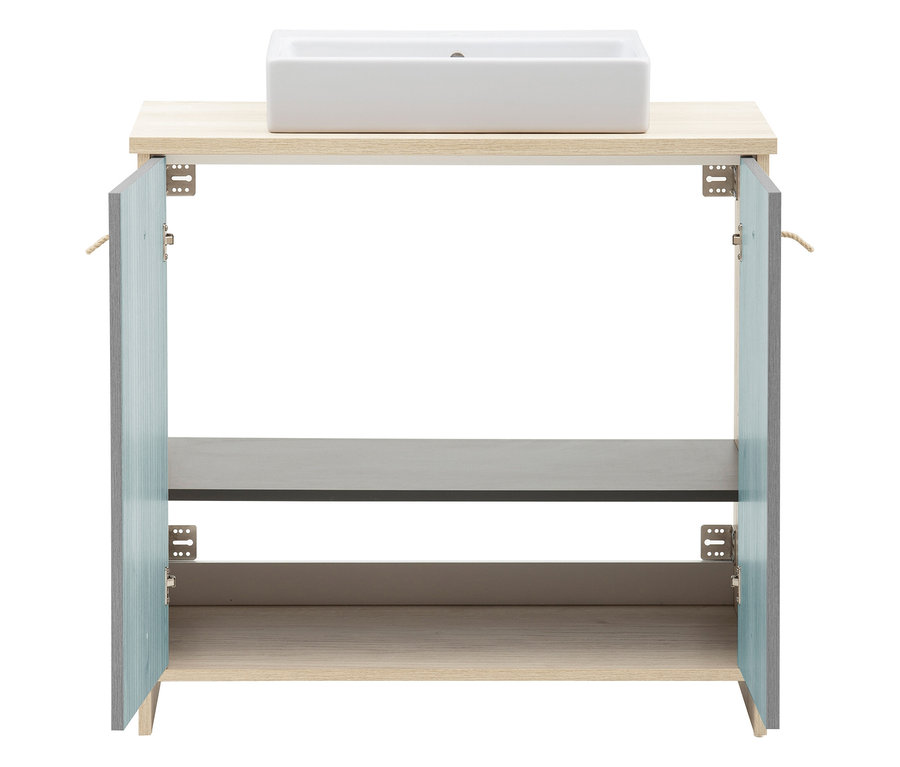Waschtisch »Sonderby«, Nordic Blue Oak mit geöffneten, hellblau-grauen Türen und weißem Aufsatzwaschbecken.