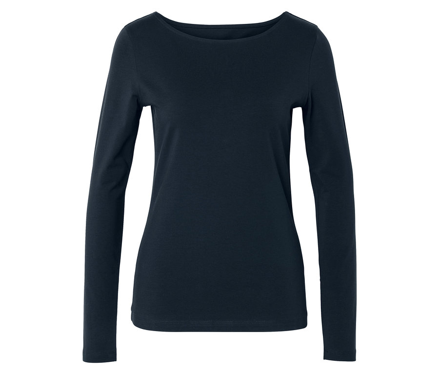 Dunkelblaues Langarmshirt mit U-Boot-Ausschnitt.