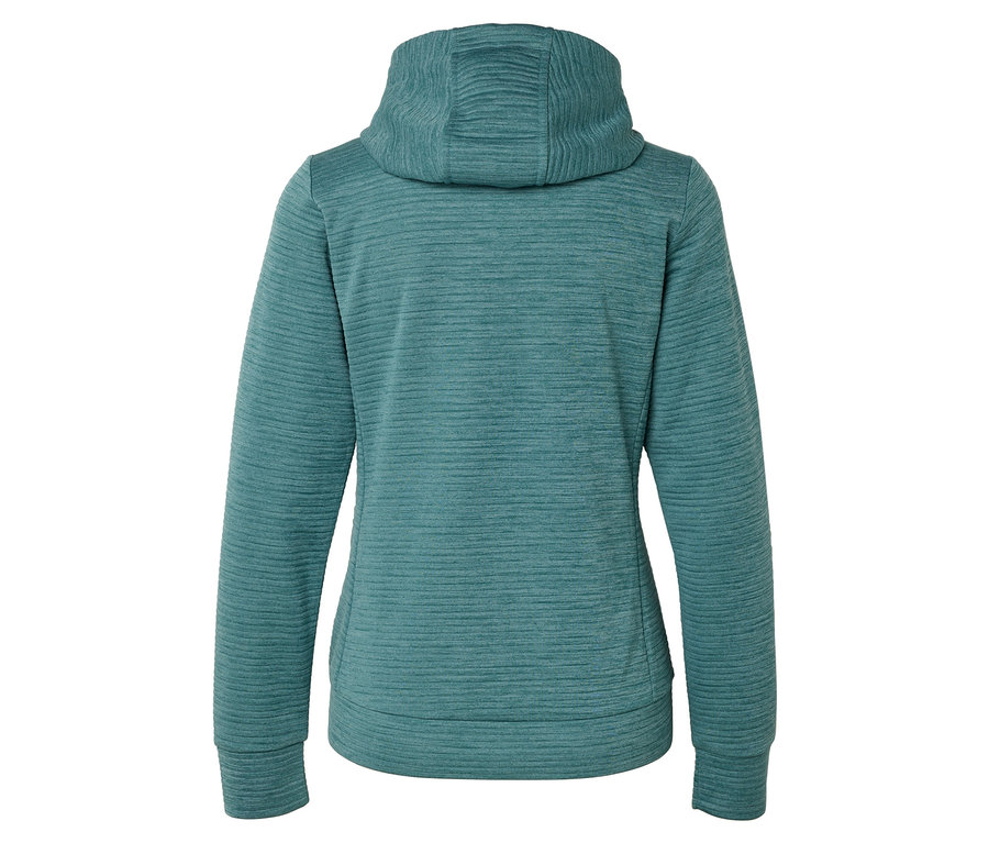 Rückansicht einer türkisfarbenen Kapuzenjacke mit horizontaler Textur.