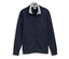 Die marineblaue Tom Tailor Sweatjacke mit Stehkragen, Sky Captain Blue, liegt offen mit Reißverschluss auf weißem Grund.