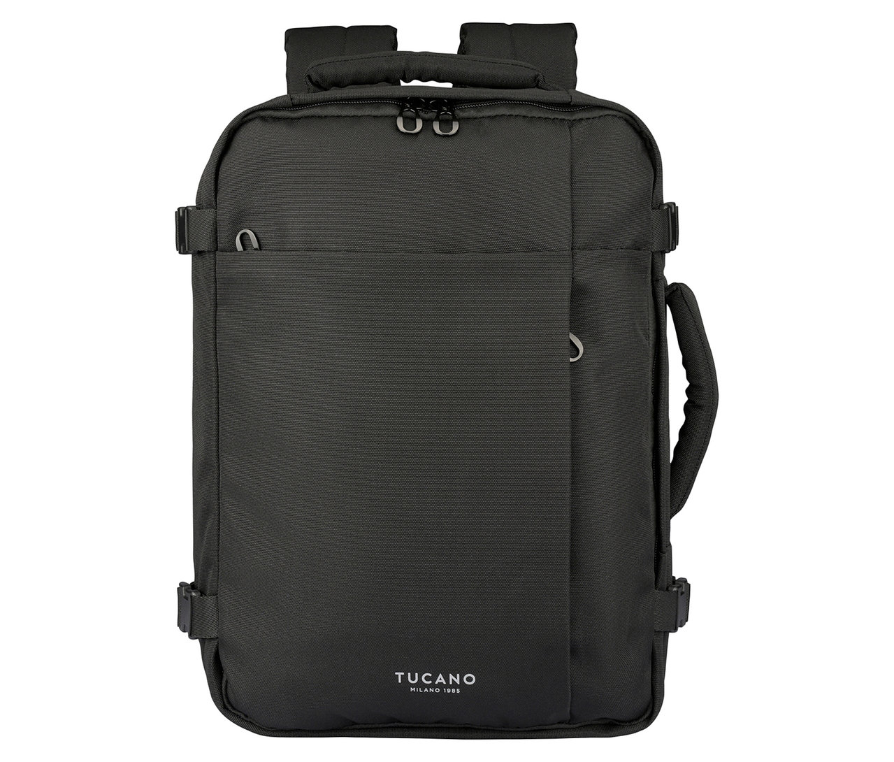 Schwarzer Tucano Rucksack mit Tragegriff und Seitentasche.