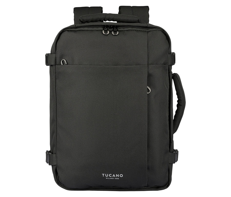 Schwarzer Tucano Rucksack mit Tragegriff und Seitentasche.