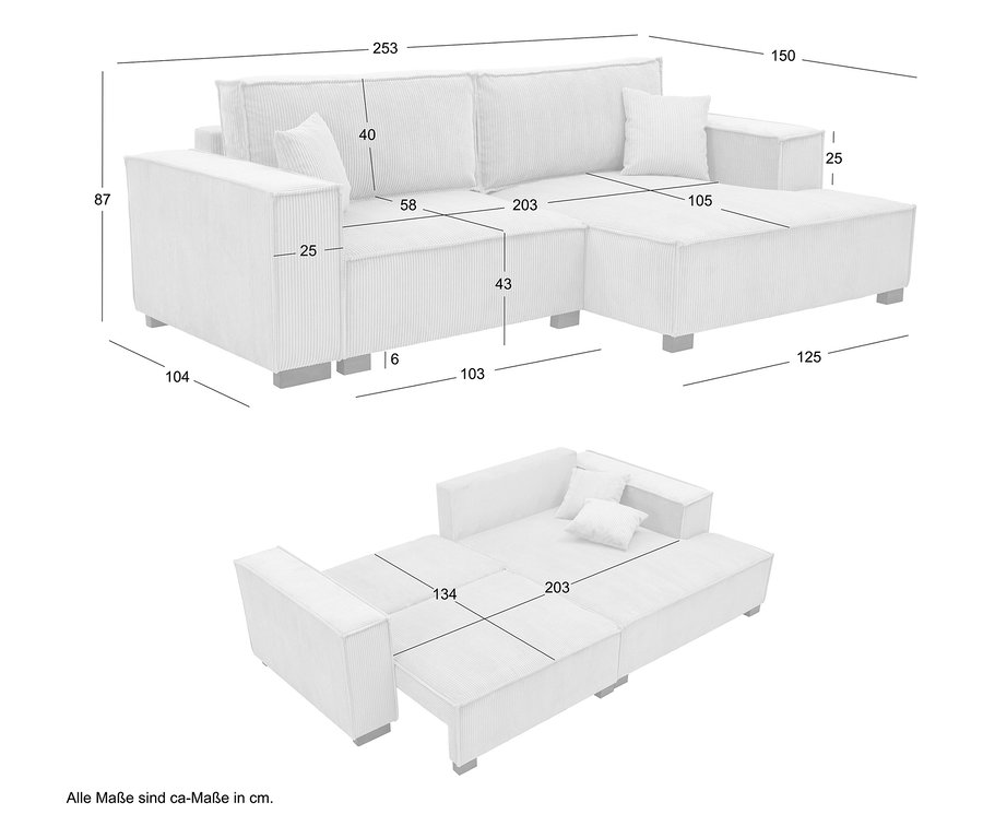Draufsicht und perspektivische Ansicht eines cremefarbenen modularen Ecksofas mit Maßen in Zentimetern.