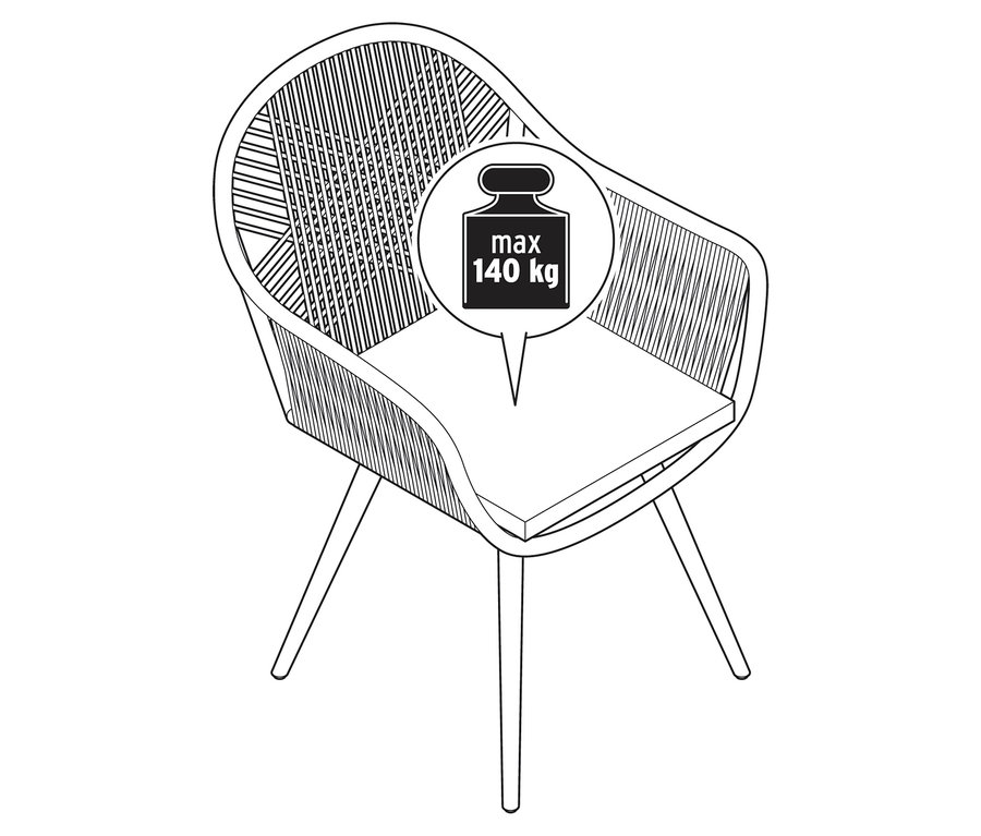 Illustration eines Gartenstuhls mit Textil-Kreuzgeflecht und einer maximalen Belastbarkeit von 140 kg.