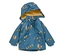Blaue Kinderjacke mit Kapuze und gelbem Innenfutter, bedruckt mit Bären-, Waschbär- und Igelmotiven.