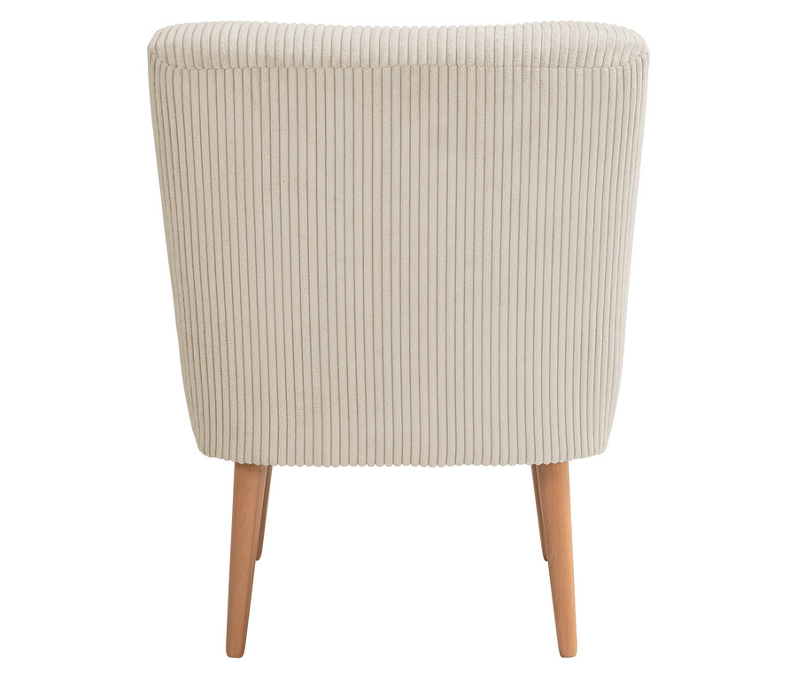 Rückansicht eines cremefarbenen Cordstuhls mit Holzbeinen.