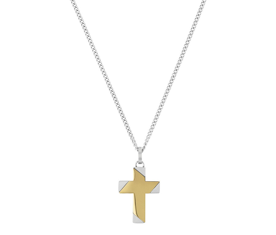 Nahaufnahme einer silbernen Kette mit einem goldenen Kreuzanhänger.