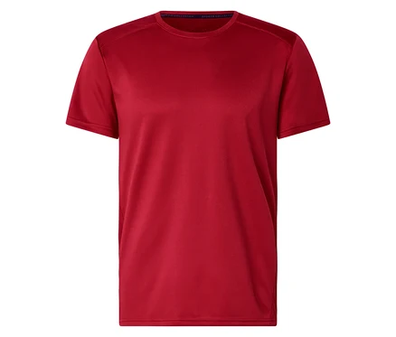 Rotes T-Shirt mit kurzen Ärmeln, von vorne fotografiert.