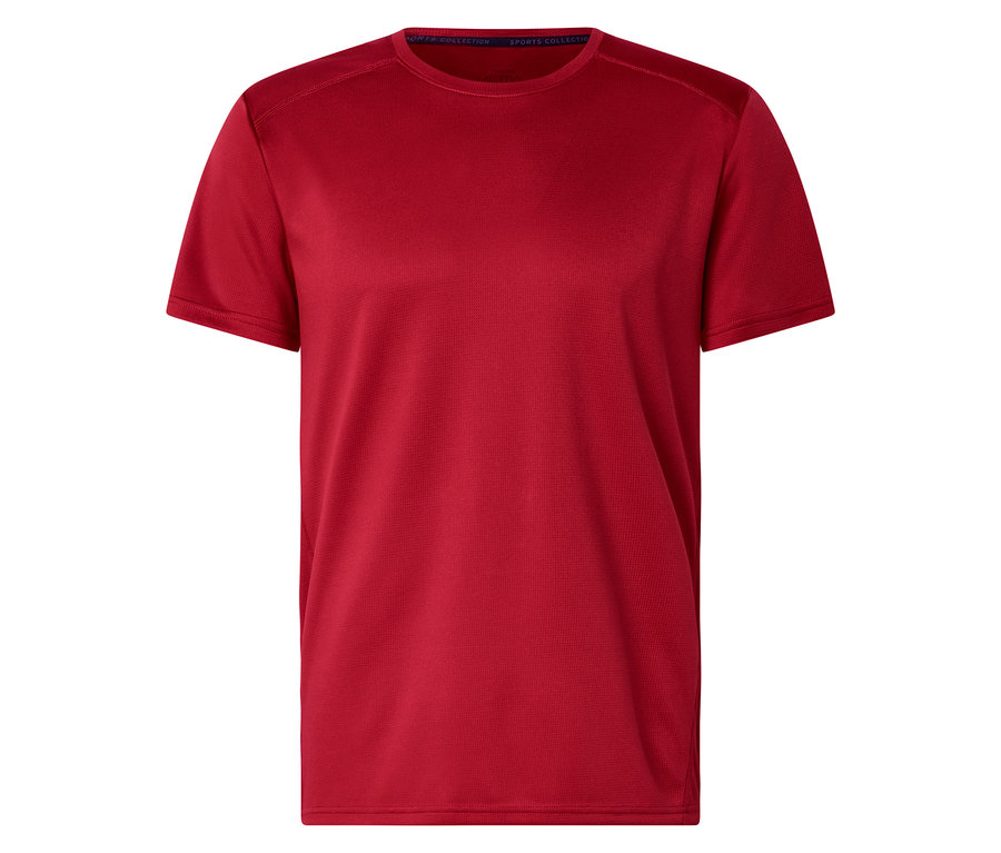 Rotes T-Shirt mit kurzen Ärmeln, von vorne fotografiert.