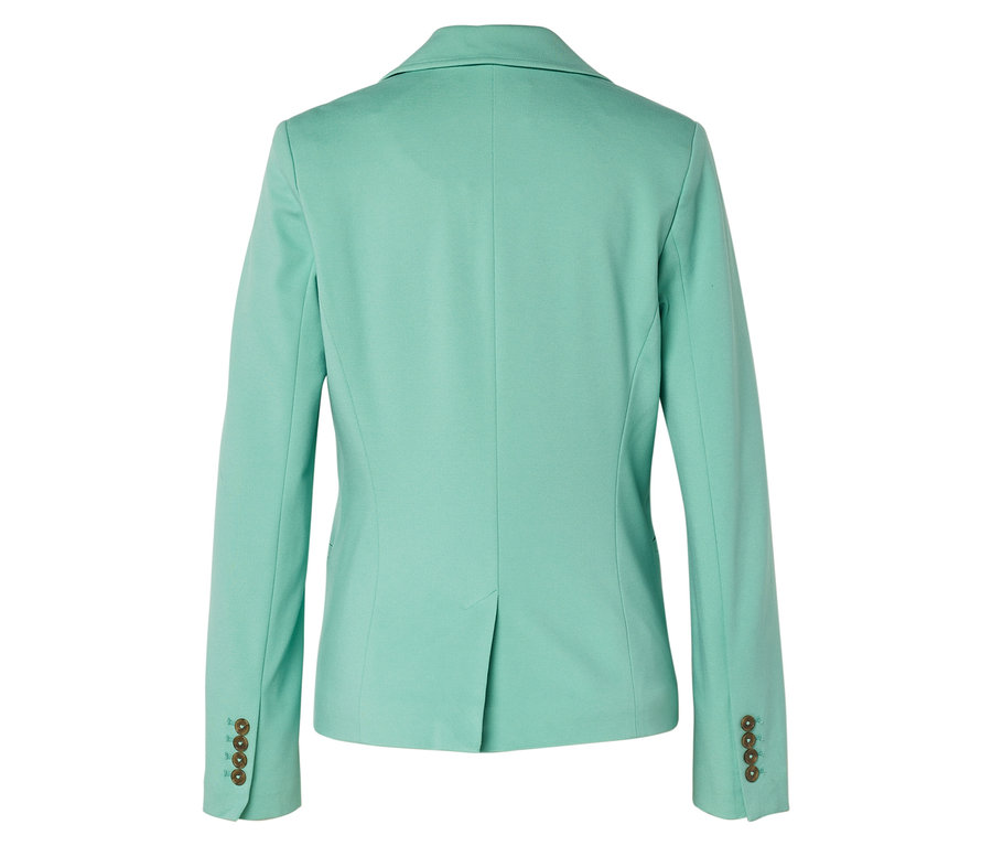 Rückansicht eines hellgrünen Blazers mit Knöpfen an den Ärmeln.