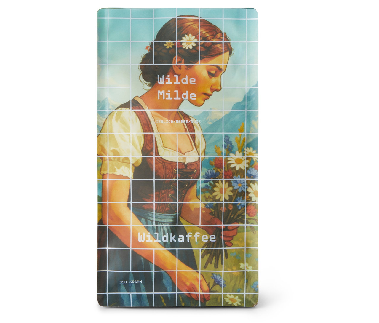 Nahaufnahme der Wildkaffee Wilde Milde Omni-Roast 350 g Ganze Bohne Packung mit Frau und Blumenmotiv.