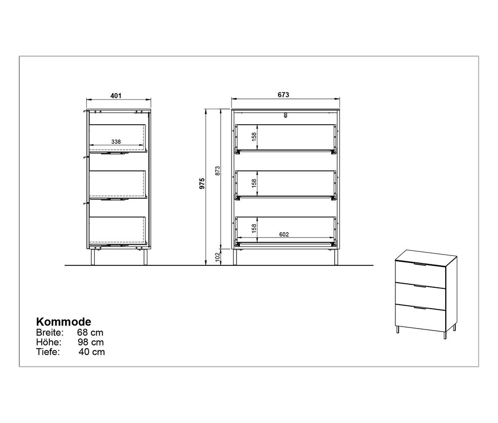 Technische Zeichnung einer kleinen, taupegrünen »Savoca« Kommode mit drei Schubladen und zugehörigen Maßangaben.