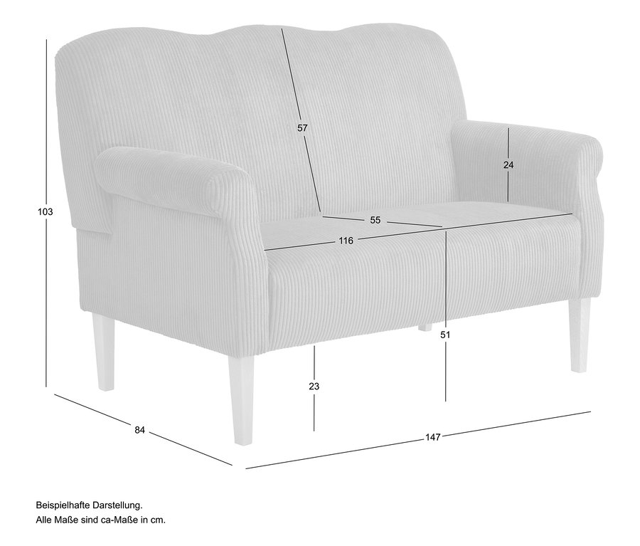 Graues Küchensofa »Juuma«, maritim mit Maßangaben und weißen Füßen.