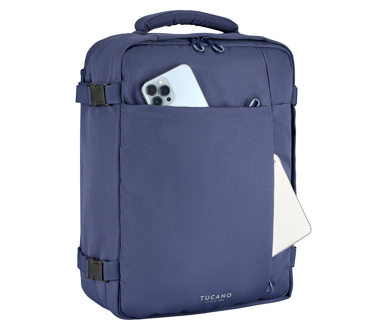 Blauer Tucano TUGO Kabinenrucksack mit Laptopfach, mit Handy und Tablet in den Außentaschen.