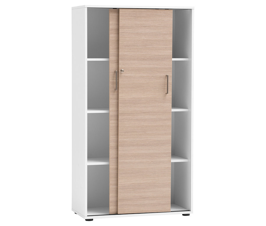 Weißer Aktenschrank »Metz« mit zwei Schiebetüren in Canello-Holzoptik, teilweise geöffnet und mit Regalböden.