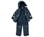 Marineblauer Schneeanzug mit Dinosaurier-Muster, offene Jacke mit Kapuze und Trägerhose liegen auf dem Boden.