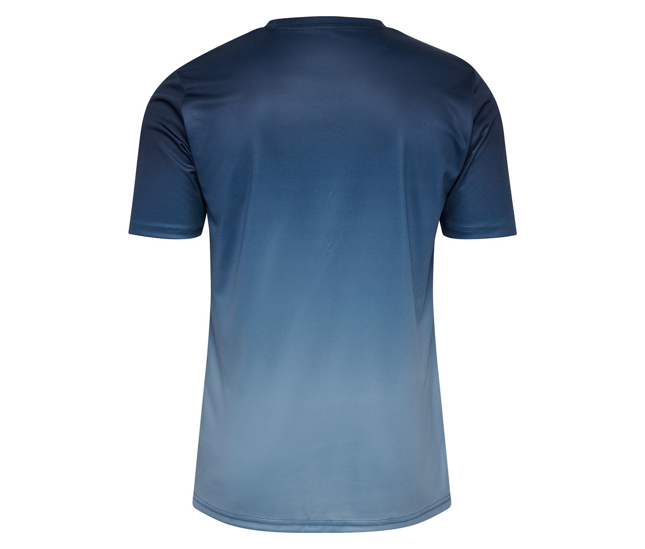 Rückansicht des blau-grauen HUMMEL Herren-Funktionsshirts mit Farbverlauf.