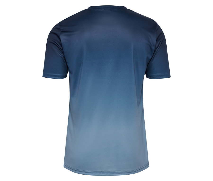 Rückansicht des blau-grauen HUMMEL Herren-Funktionsshirts mit Farbverlauf.