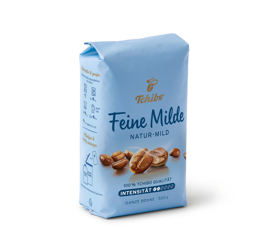 Nahaufnahme einer Packung Feine Milde - 500 g Ganze Bohne.