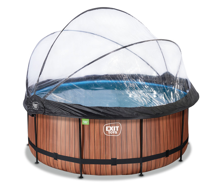 Runder EXIT Pool-Set »WOOD« (ca. 360 cm) mit blauem Wasser und transparenter Kuppelabdeckung.