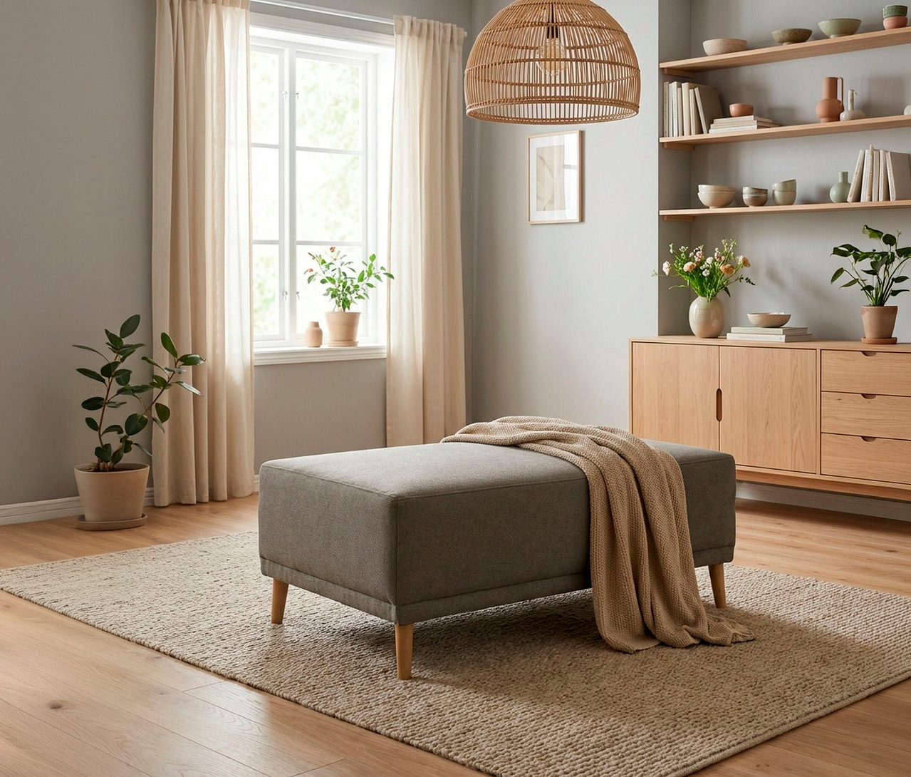 Ein grauer Polsterhocker mit Holzbeinen steht auf einem beigen Teppich. Eine beigefarbene Strickdecke liegt über dem Hocker. Im Hintergrund sind ein Fenster mit hellen Vorhängen, Pflanzen, ein Holzschrank und Regale mit Büchern zu sehen. Eine Rattan-Pendelleuchte hängt von der Decke.