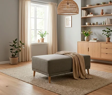Ein grauer Polsterhocker mit Holzbeinen steht auf einem beigen Teppich. Eine beigefarbene Strickdecke liegt über dem Hocker. Im Hintergrund sind ein Fenster mit hellen Vorhängen, Pflanzen, ein Holzschrank und Regale mit Büchern zu sehen. Eine Rattan-Pendelleuchte hängt von der Decke.