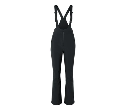 Schwarze Skihose mit verstellbaren Trägern und Reißverschluss vorne.