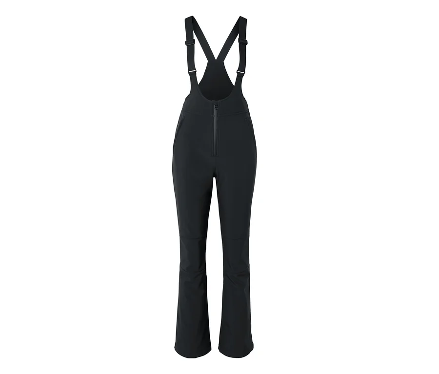 Schwarze Skihose mit verstellbaren Trägern und Reißverschluss vorne.