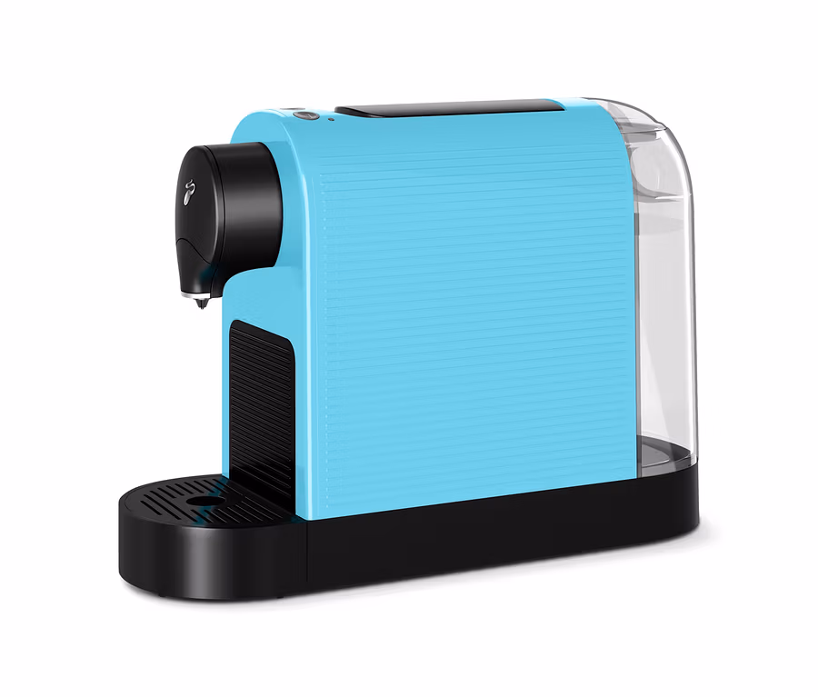 Hellblaue Kaffeekapselmaschine mit schwarzem Sockel und Wassertank.