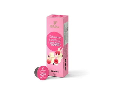 Eine Packung Cafissimo Flavoured Espresso - White Choc & Raspberry - 10 Kapseln. Daneben liegt eine einzelne Kapsel.