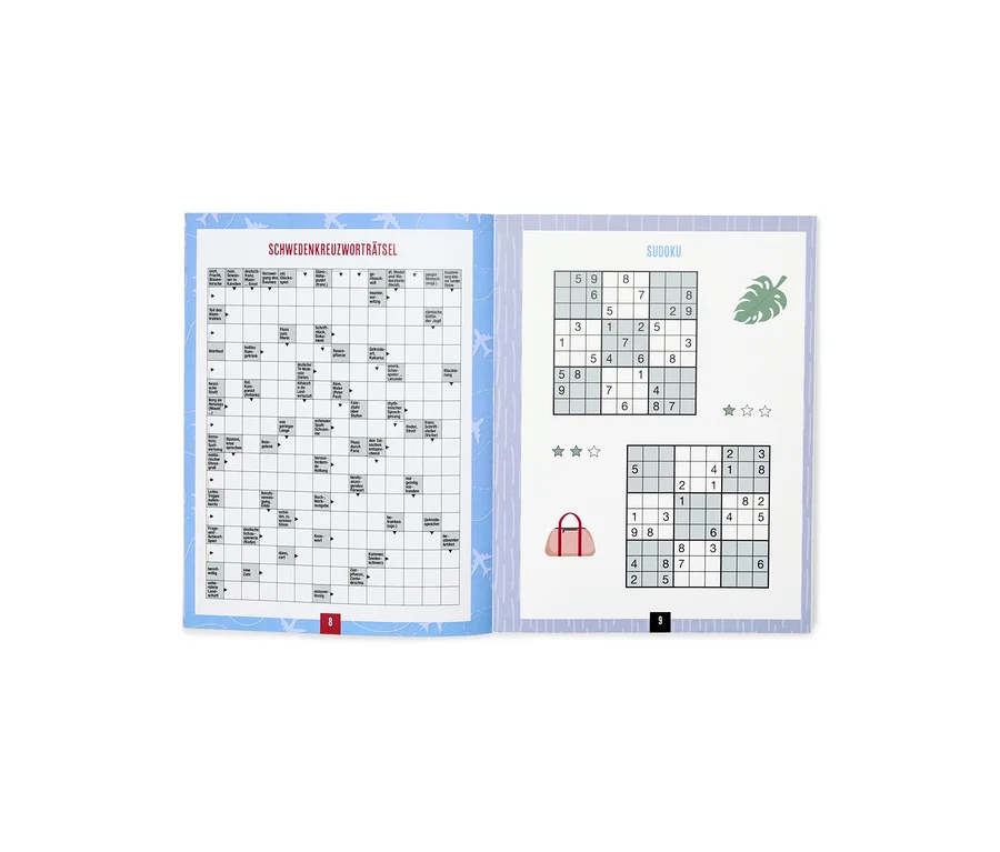 Aufgeschlagenes Rätselheft mit Schwedenkreuzworträtsel und Sudoku, sowie Illustrationen.