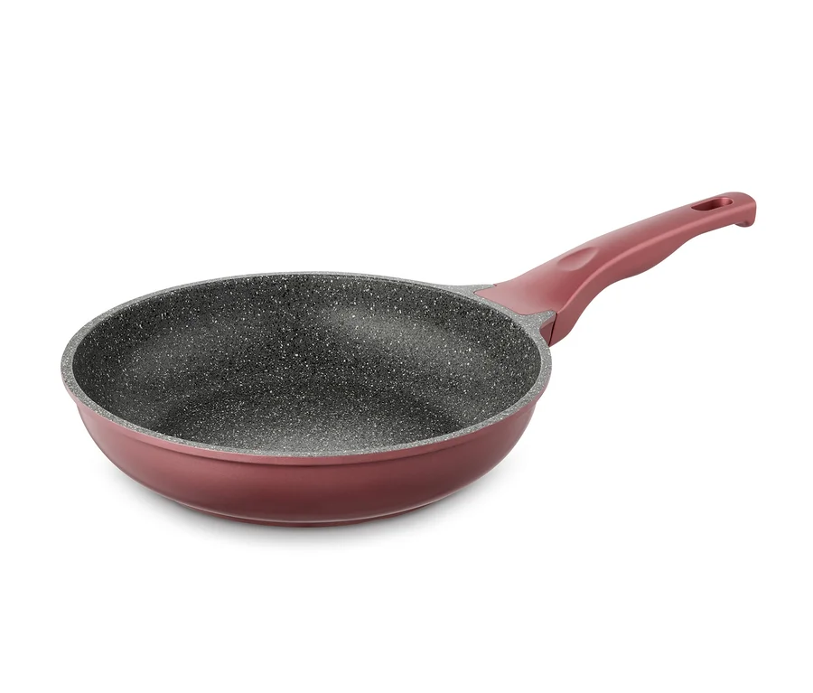Nahaufnahme einer Profi-Pfanne mit 24 cm Durchmesser und rotem Griff.