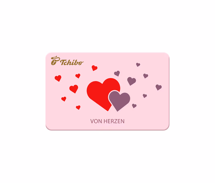 Rosa Geschenkkarte mit Tchibo Logo, roten und lila Herzen sowie dem Schriftzug "VON HERZEN".