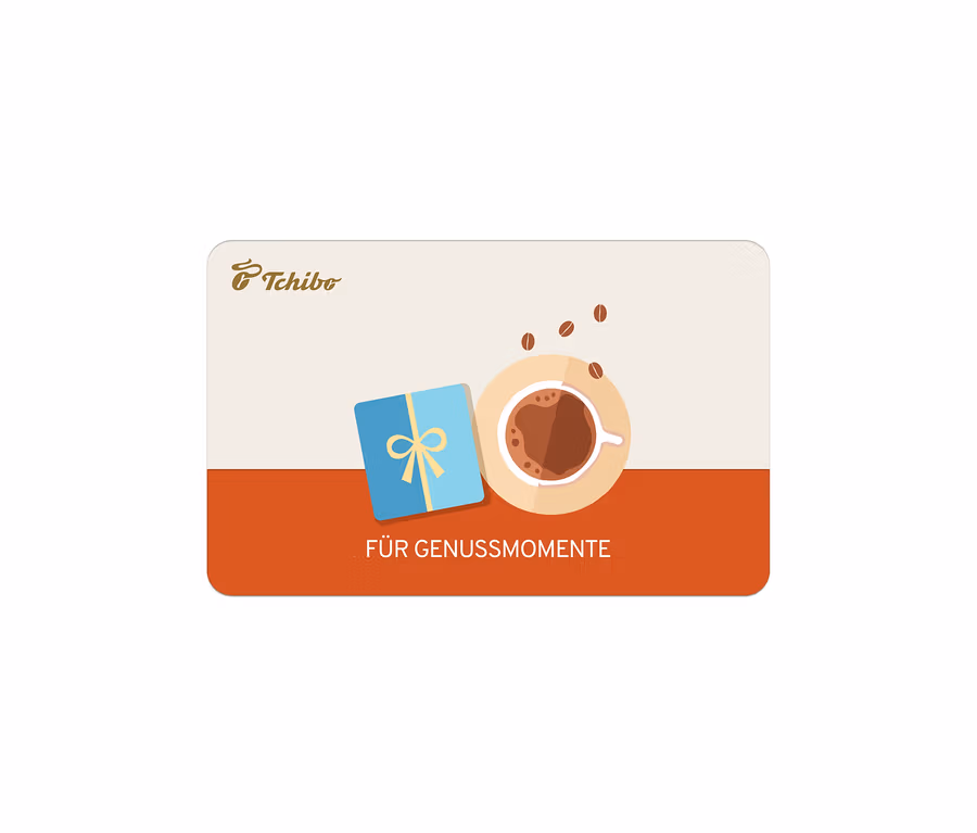 Digitale Geschenkkarte Für Genussmomente mit Tchibo Logo, Kaffeetasse, Kaffeebohnen und blauem Geschenkpaket auf beigem und orangefarbenem Hintergrund.