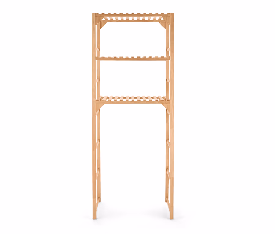 Ein Massivholz-Waschmaschinenregal mit drei Ablageflächen.